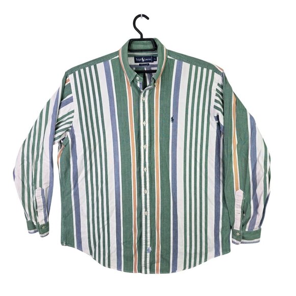 Mens Ralph Lauren Green White Orange Striped Shirt Button Down 100% Cotton XL - Picture 1 of 8
